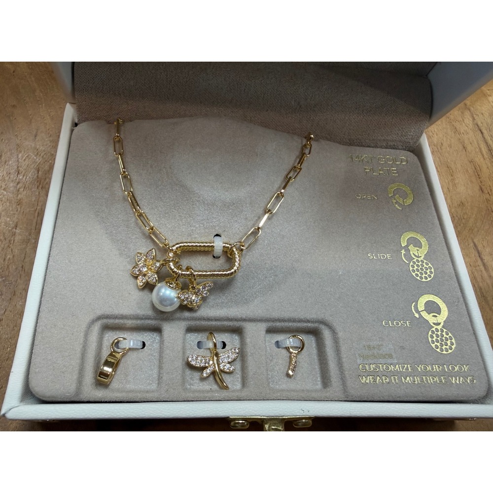 Charm Bar 14KT Gold Plated Paperclip Necklace Set w/ Interchangeable Charms NIB